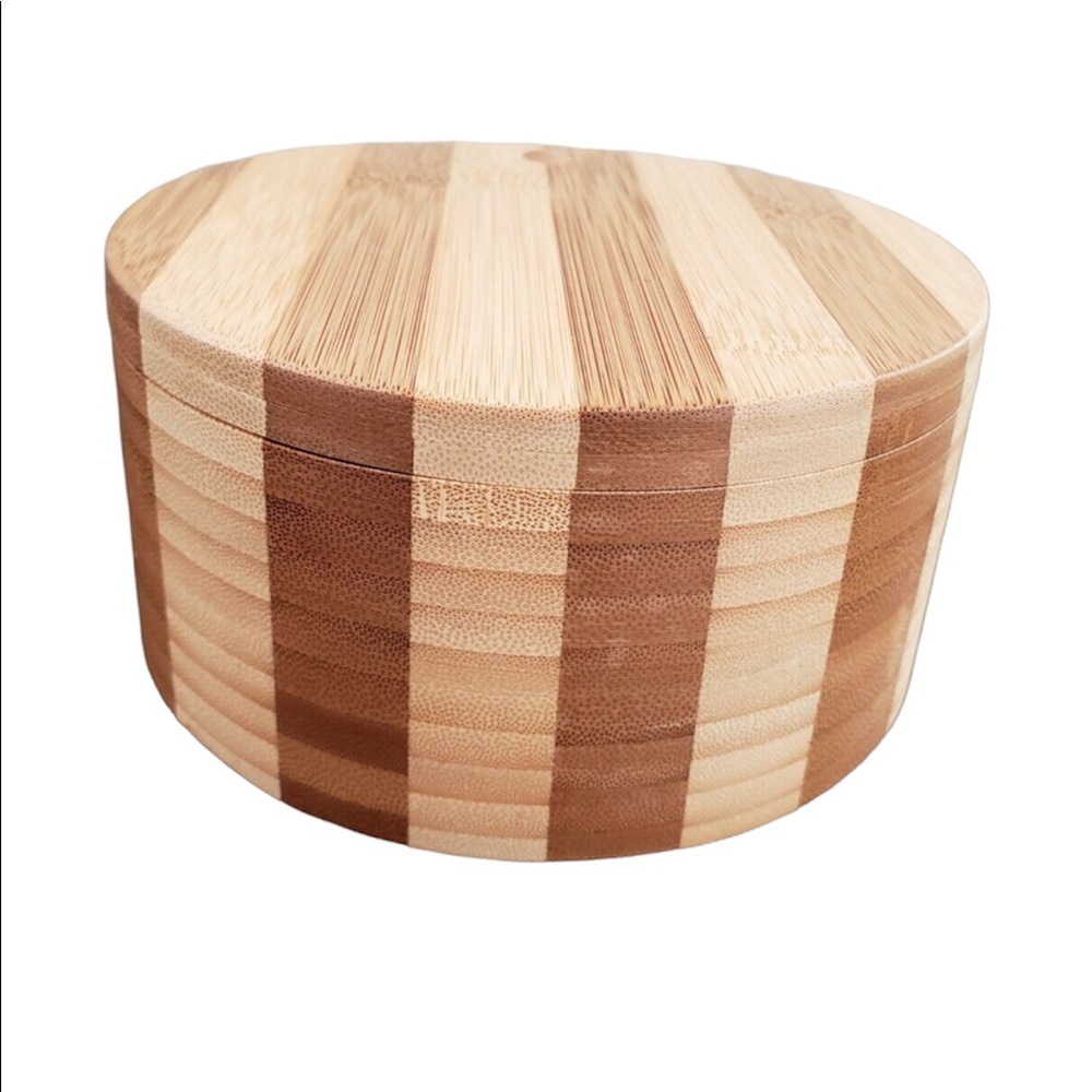 Round Technique Wooden Box with Swivel Lid - Brand New